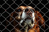 鉄条網の中の悲しそうな犬の画像
